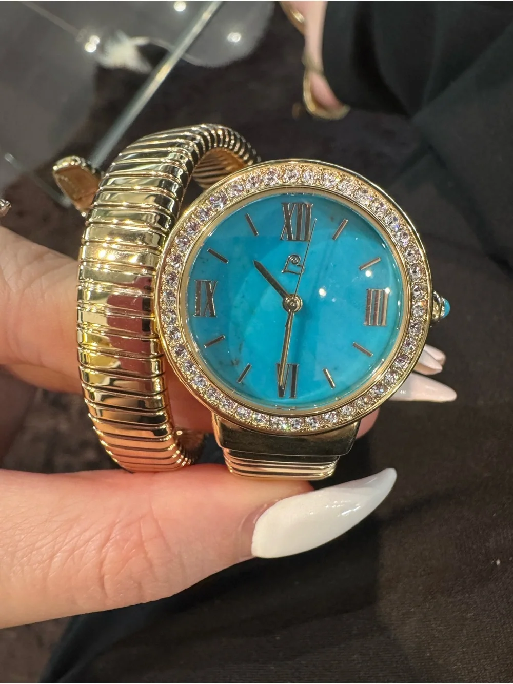 Colleen Lopez Turquoise Gemstone Dial Gold-Tone Coil Wrap Watch